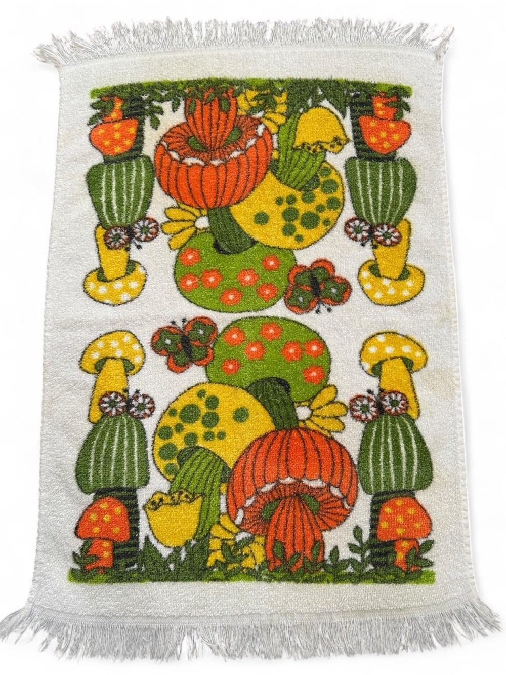 Vintage 1970s Mod Mushroom Kitchen Dish Towels Retro Bright Colorful Fringe